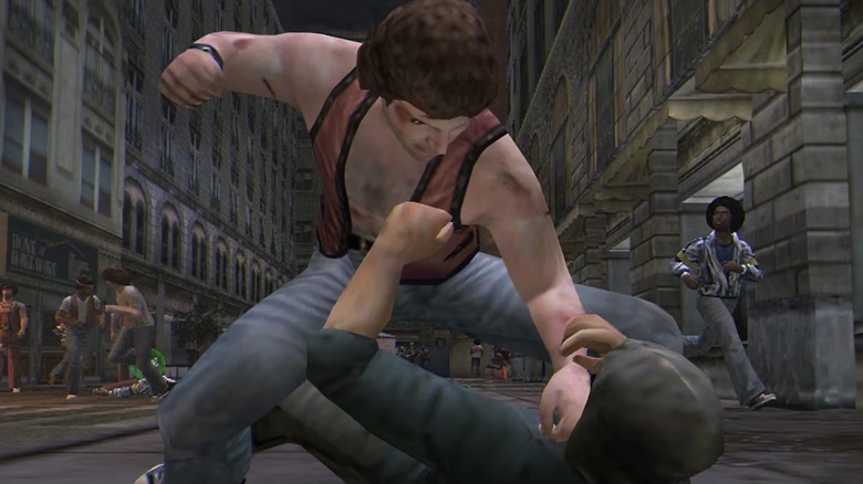 A Warrior prepares to punch a rival on the sidewalk in The Warriors