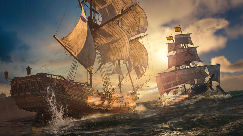 Two pirate ships engaging in naval combat in Assassin's Creed Black Flag Resynced