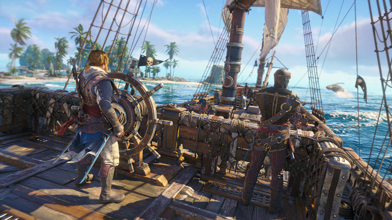 Captain Kenway steering his ship on the ocean in Assassin's Creed Black Flag
