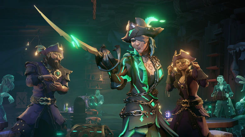 Three Sea of Thieves pirates looking at the camera