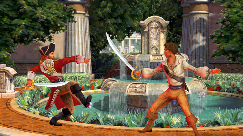 Two pirates fighting with swords on a fountain filled with water
