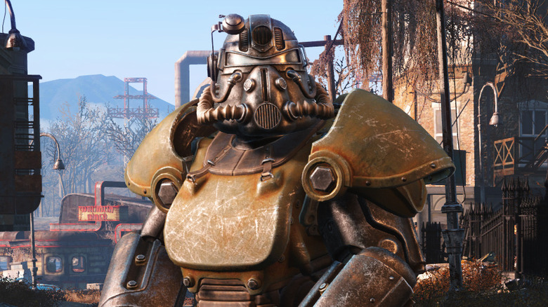 An armored soldier standing in the street in Fallout 4