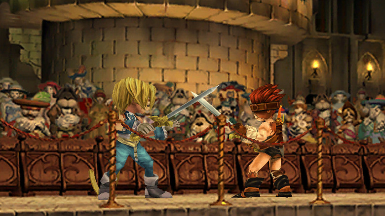 Zidane Tribal sword fights with a soldier in Final Fantasy IX