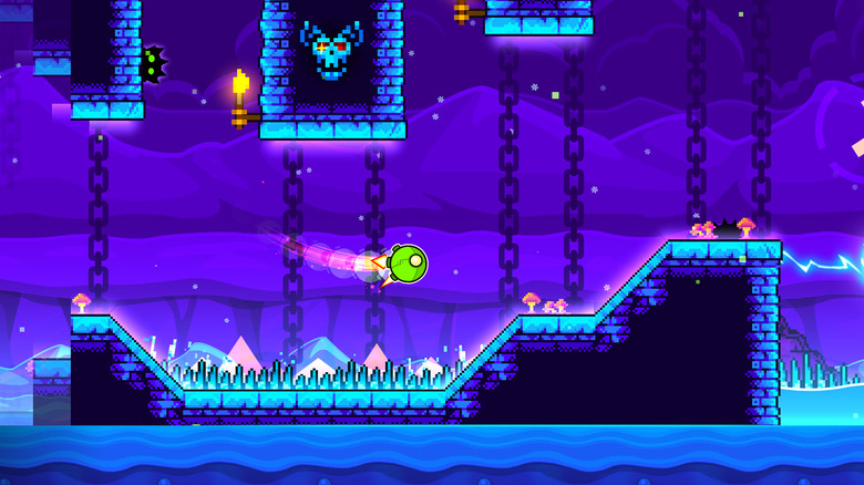 A green spaceship pilots above a bed of icy spikes in a stone castle in Geometry Dash