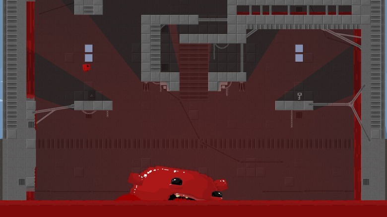 Meat Boy jumps over a large red pool with a giant meat monster surfacing in Super Meat Boy