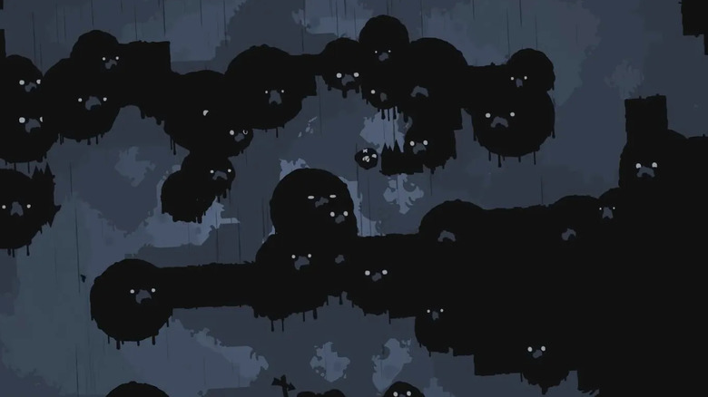 Ash floats through a maze of staring faces in dark blobs in The End Is Nigh