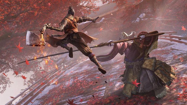 Sekiro leaps at a warrior while holding an axe and sword in "Sekiro: Shadows Die Twice" (2019)