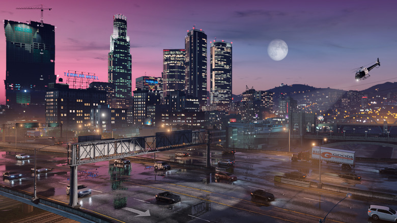 A nighttime view of downtown Los Santos in GTA 5