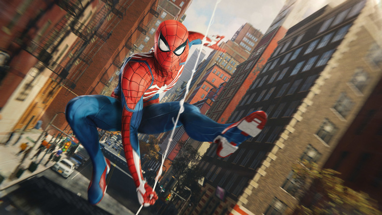 Spider-Man web slinging across New York City