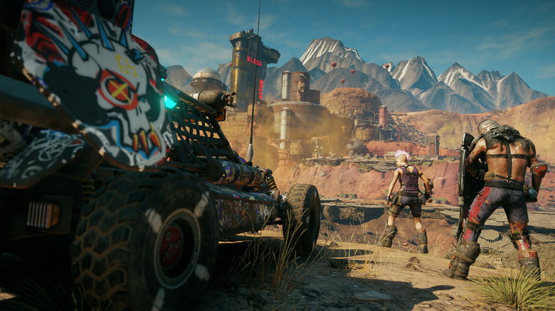 A vehicle and enemies looking at a camp in Rage 2
