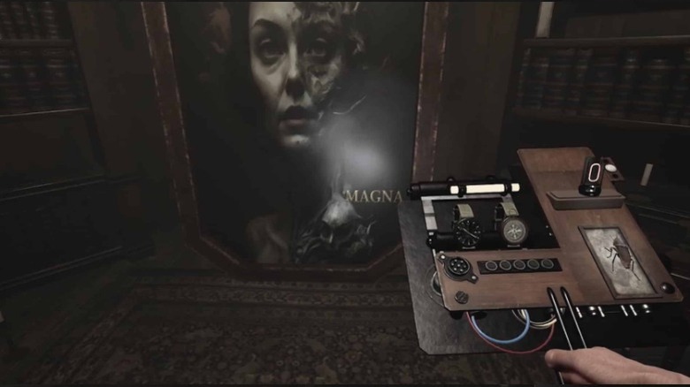The player uses an odd device to study a painting in Demonologist