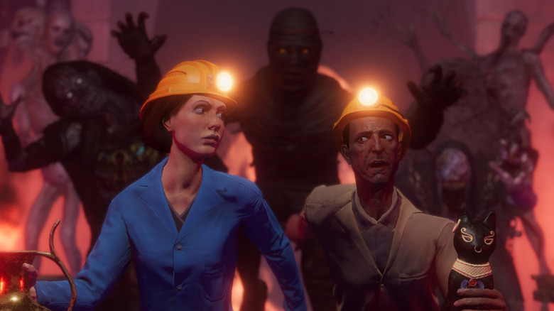 Two explorers are menaced by mummies on the cover art for Forewarned