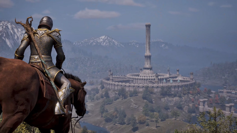 The player character on horseback surveys the Imperial City in The Elder Scrolls IV: Oblivion