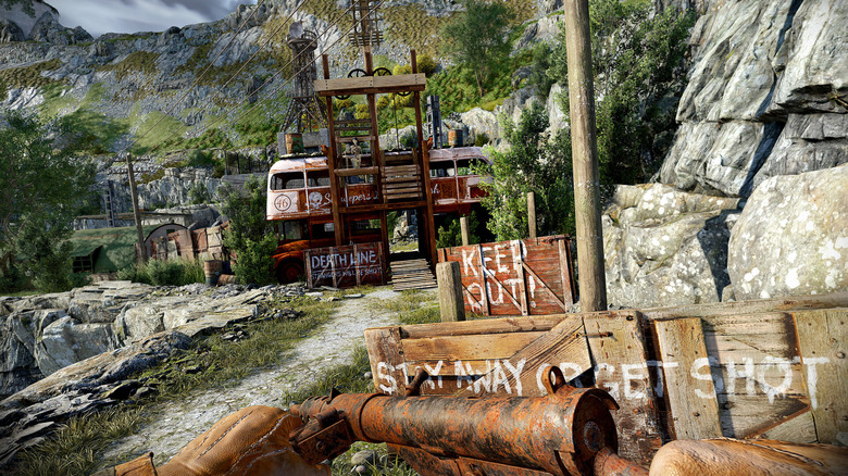 An Atomfall character carrying a rusty weapon into a guarded city