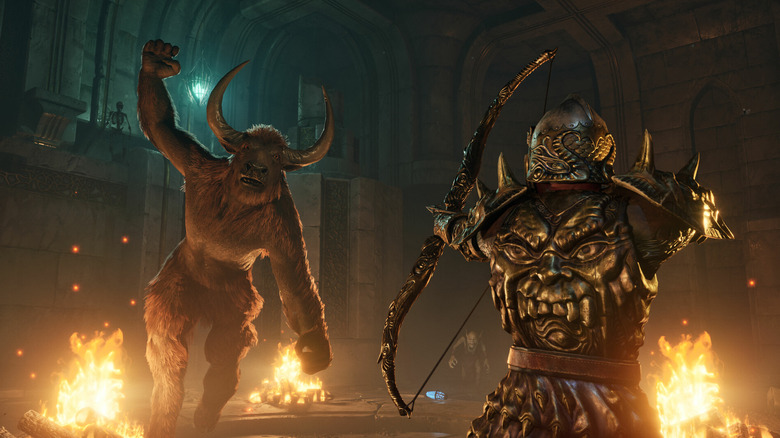 An Oblivion Remastered character firing a bow and arrow at a minotaur
