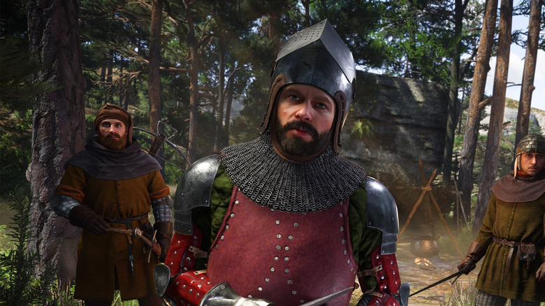 A group of soldiers look up warily from a campfire in Kingdom Come: Deliverance II