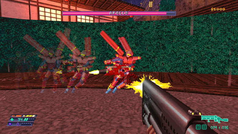 FPS view - firing shotgun at dodging enemy