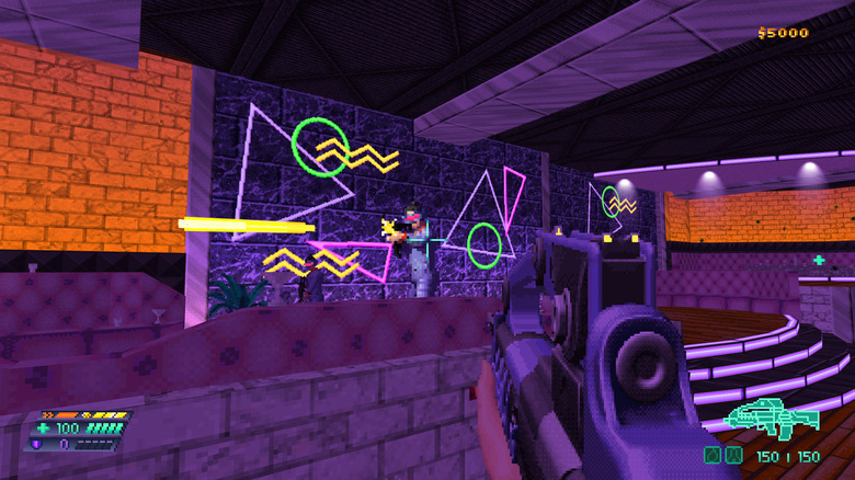 FPS view - holding a rifle and pointing at enemy