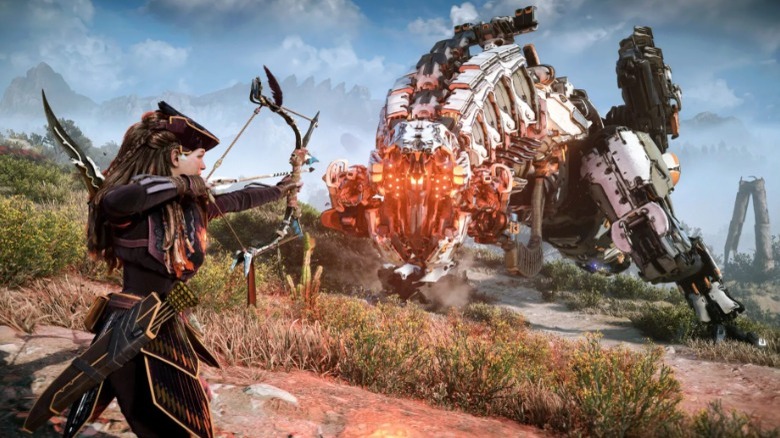 Aloy fighting mecha dino with bow
