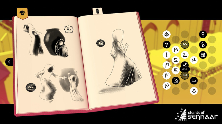 Looking at a journal entry for Chants of Sennaar with images depicting someone hiding, finding someone, and running. As well as a list of the glyphs that have been found