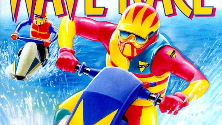 A racer drives a water ski on the cover art for Wave Race