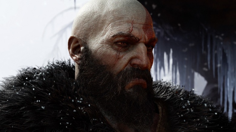 God of War Ragnarok Kratos frowning in a cave