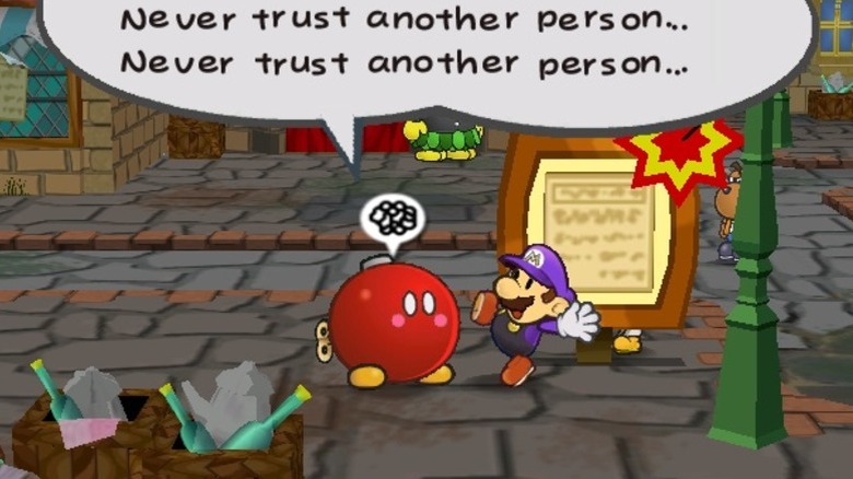 Lucky telling Mario off for cheating on the lottery in "Paper Mario: The Thousand-Year Door"