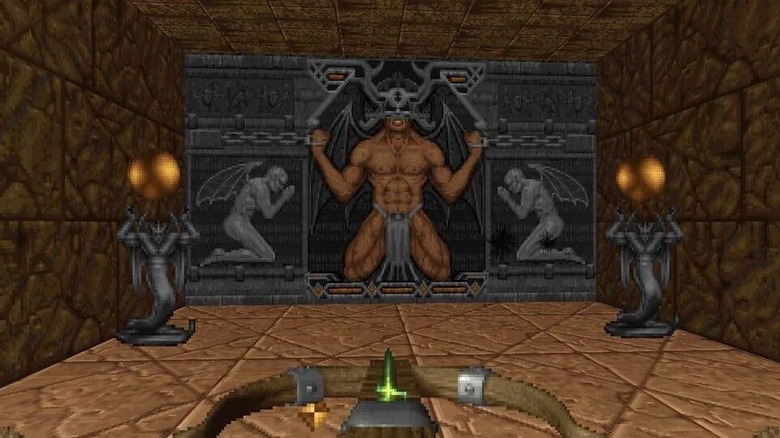 The player aiming a crossbow in "Heretic"