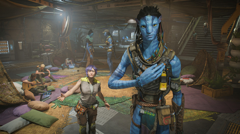 Priya Chen and a Na'vi greet the Sarentu in Avatar: Frontiers of Pandora