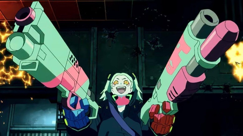 Rebecca firing shotguns