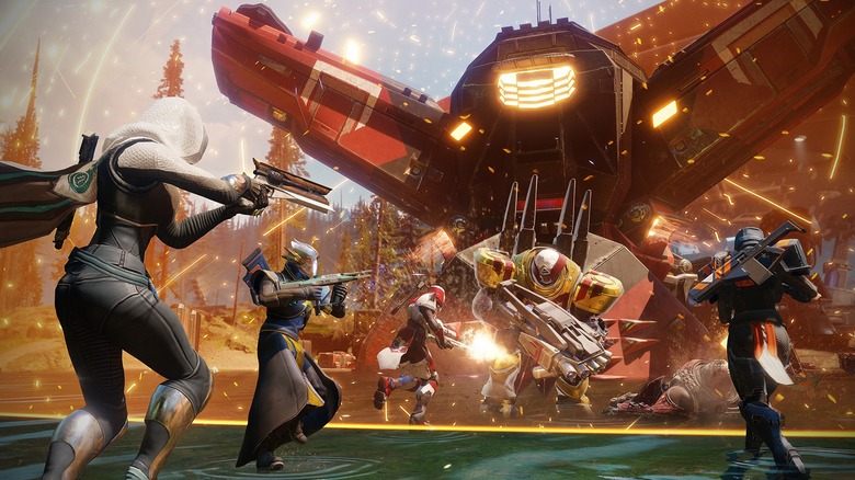 A team of "Destiny 2" players shoot at an enemy
