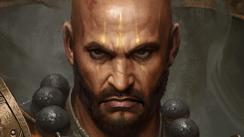 bald scarred monk glares