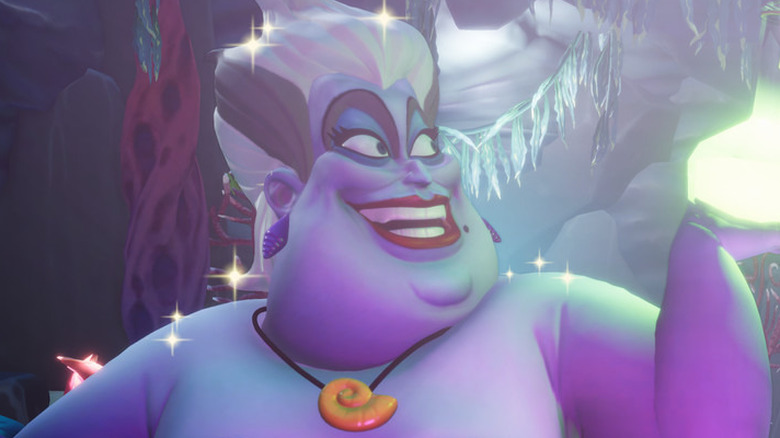 A screenshot from Disney Dreamlight Valley, showing Ursula holding a glowing green potion.