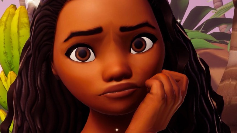 A screenshot from Disney Dreamlight Valley showing Moana with her cheek in her hand, looking thoughtful.