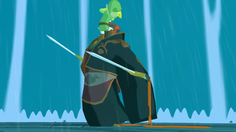 Link stabbing Ganondorf in the head in The Legend of Zelda: The Wind Waker (2002)