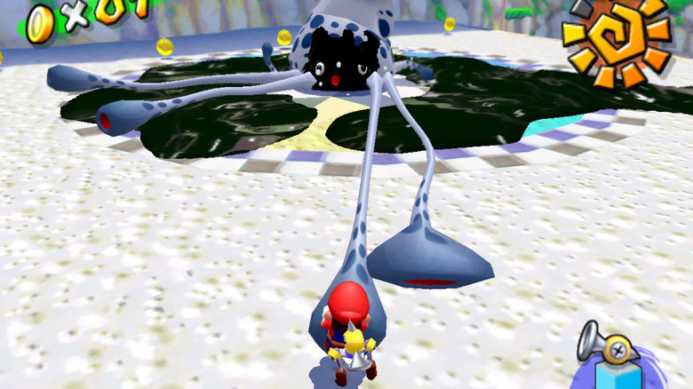 Mario pulling on Gooper Blooper's tentacle in Super Mario Sunshine (2002)