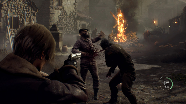 Leon shooting zombies with pistol