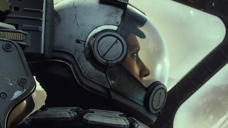 Closeup of starship pilot helmet in Starfield