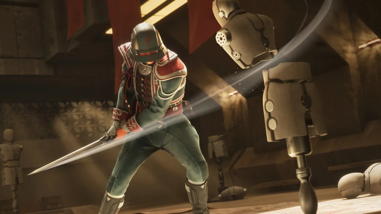 A soldier swings a sword at a training dummy in Dune: Awakening