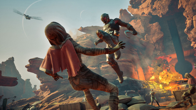 A House Harkonnen soldier fights a Fremen in Dune: Awakening