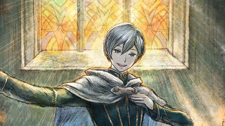 Octopath Traveler 2 Temenos posing in front of stained glass window