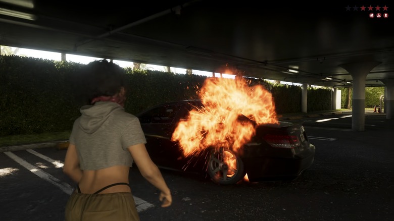 Lucia lighting a car on fire while wanted with four stars