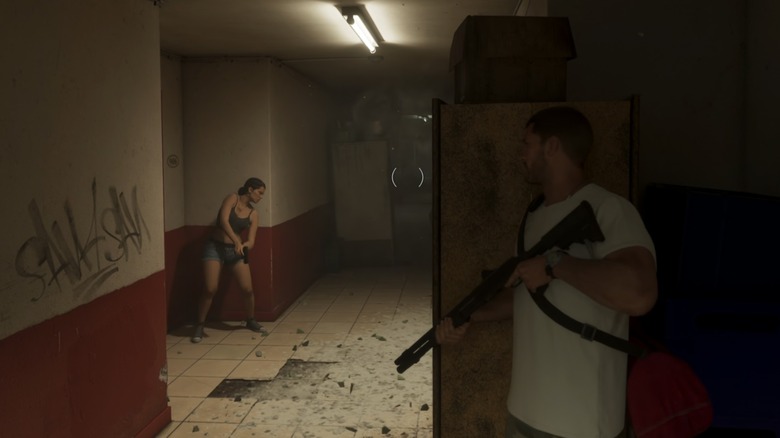 Jason and Lucia taking cover in firefight