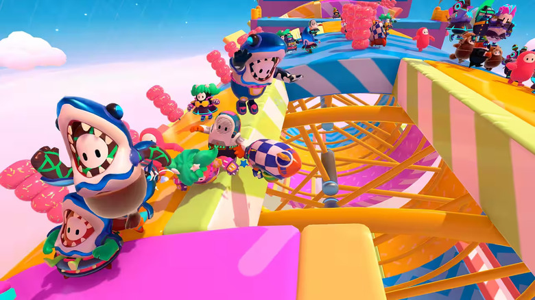 Fall Guys racing over an obstacle