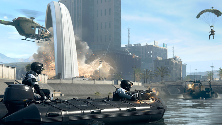 Soldiers firing from a boat