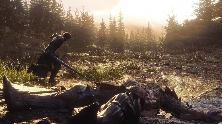Clive running by dead giant