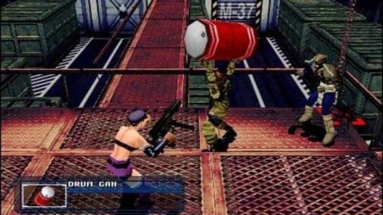 Eddie prepares to throw an oil drum at a gun-toting pirate in Dynamite Cop