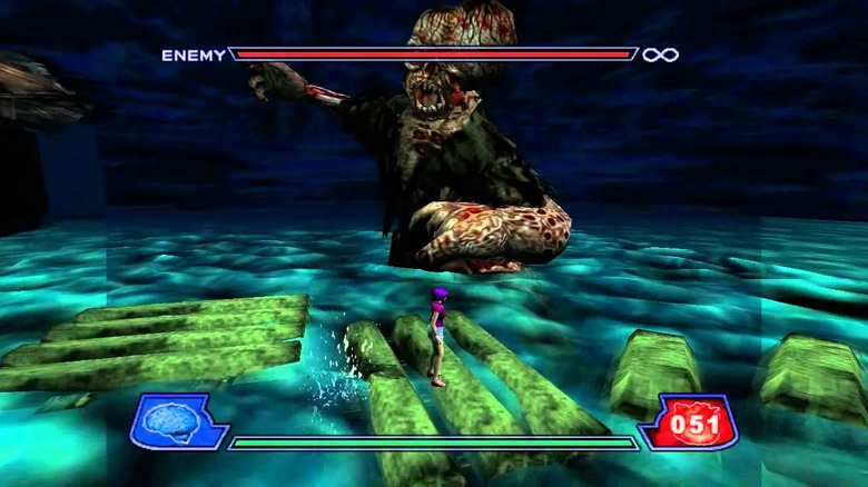 Eriko Christy jumps between logs as a monster rises out of the water behind her in Illbleed