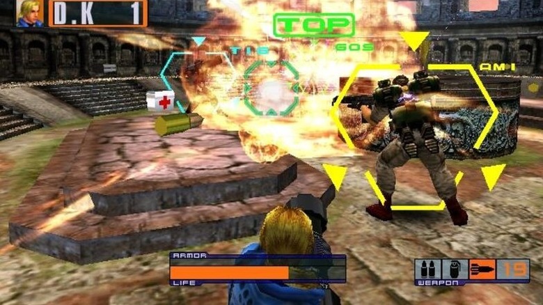 A player targets an enemy using a bazooka in Outtrigger