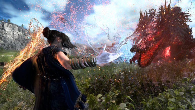 Frey casting spell at charging monster